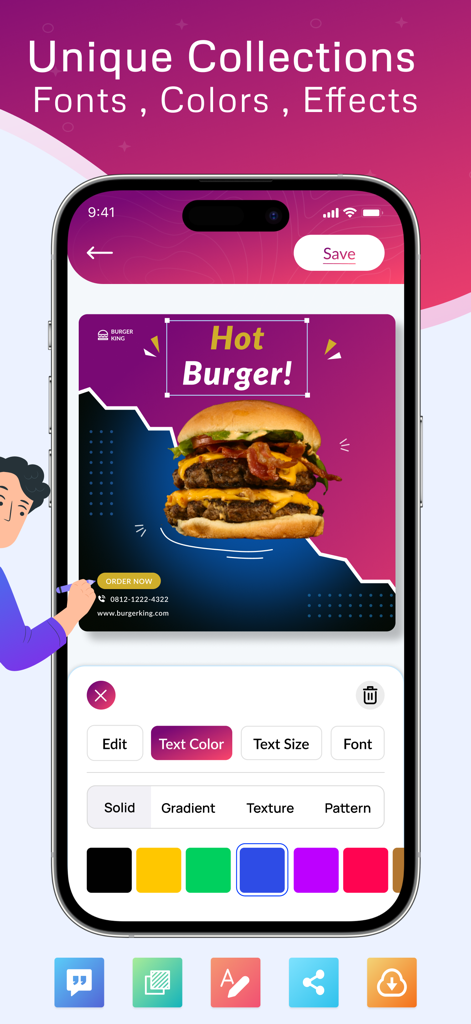 AI Flyer Maker + Poster Maker - Mobile app interface showing text color and font customization options for a fast food restaurant flyer design