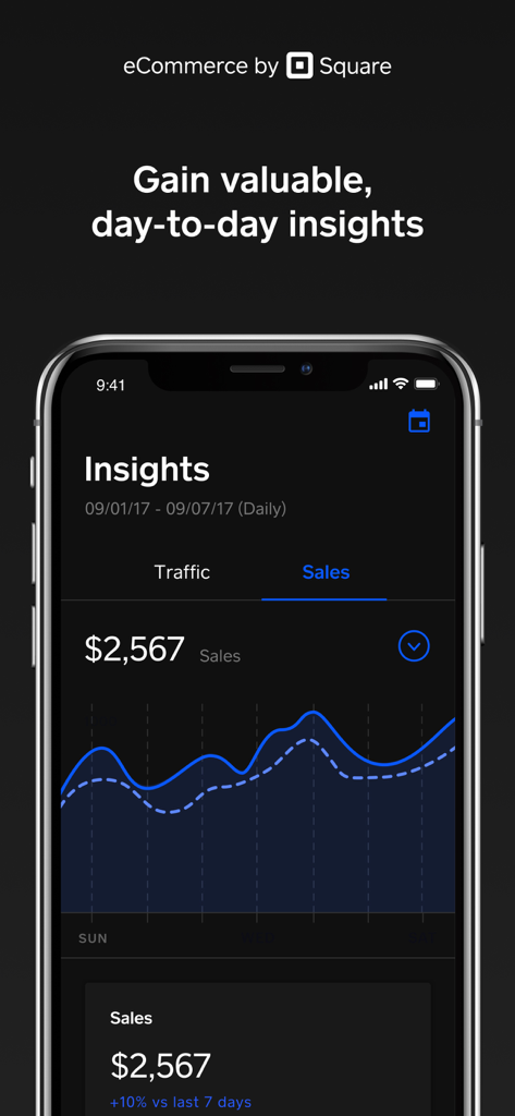 Weebly by Square App zeigt E-Commerce-Umsatzstatistiken und Wachstumstrends auf einem mobilen Dashboard