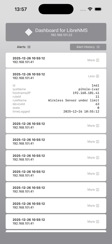 Dashboard for LibreNMS - Mobile app screen displaying a list of network alerts with detailed logs for a specific device in LibreNMS