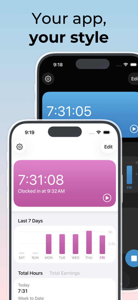 Two iPhones showing the Flexishift app with different color themes and weekly work hour charts