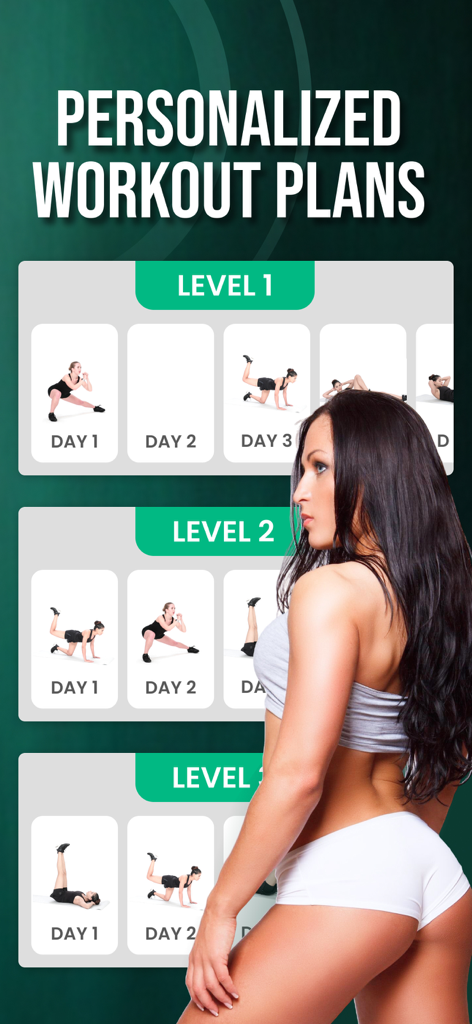 30 Day Butt Challenge Pro - Interface of the 30 Day Butt Challenge Pro app displaying personalized workout plans with three difficulty levels