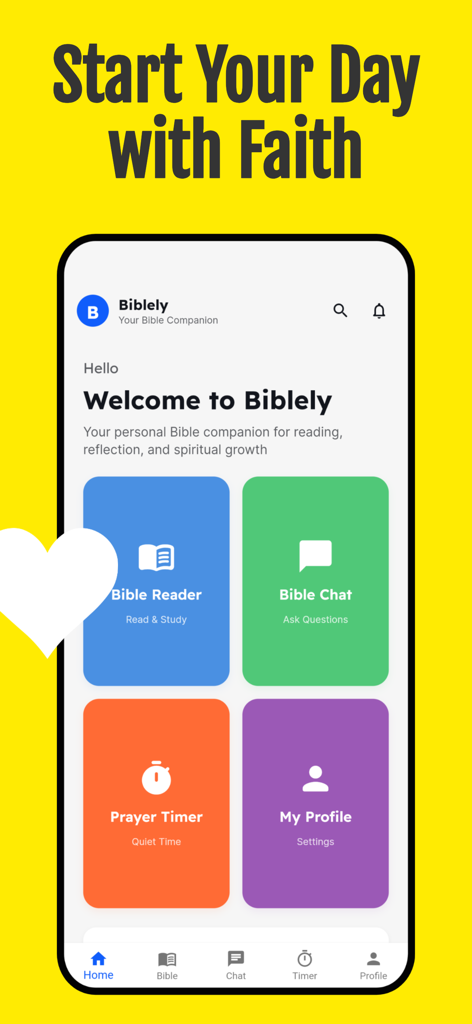Bible Chat: by Biblely - Pantalla de inicio de la aplicación Biblely mostrando las funciones Lector Bíblico, Bible Chat y Temporizador de Oración