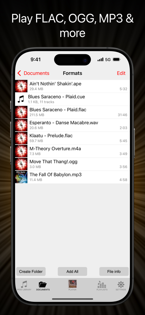 Equalizer Pro + - Equalizer Pro Plus app displaying a list of high quality audio files in various formats