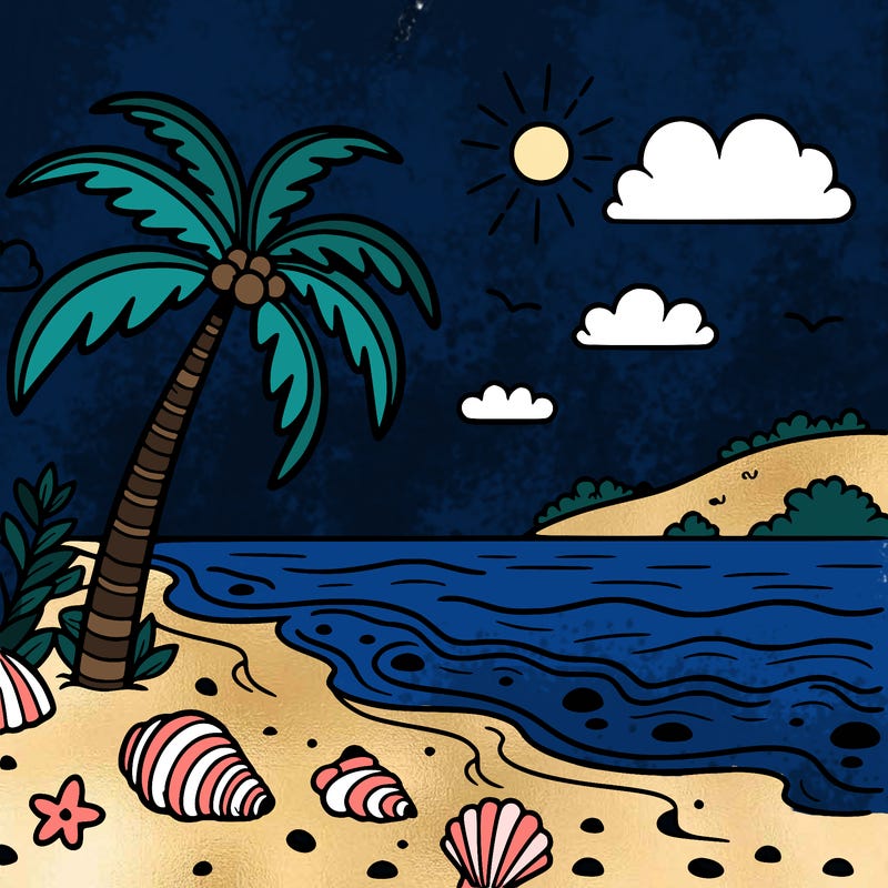 beach with palm tree and seashells