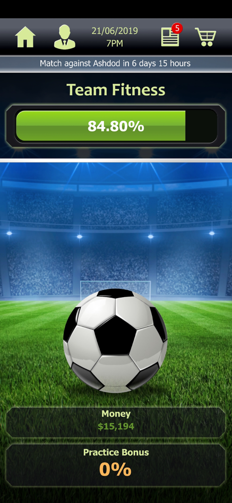 Football Tycoon - Football Tycoon app interface showing a 84.80 percent team fitness level over a soccer field background.