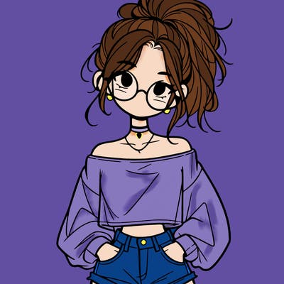 girl with a messy ponytail glasses a baggy crop top and jean shorts