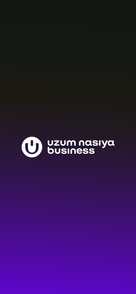 Uzum Nasiya Business app splash screen featuring the company logo on a dark purple gradient background