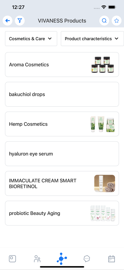 A list of natural and organic personal care products in the VIVANESS section of the BIOFACH app featuring categories like Aroma Cosmetics and Hemp Cosmetics.
