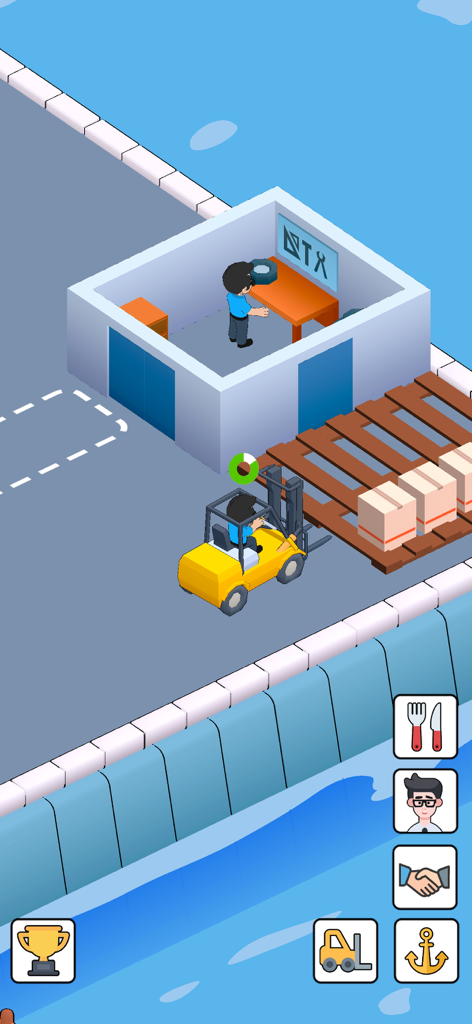My Fishing Market  Idle Empire - Captura de pantalla del juego de Mi Mercado de Pesca que muestra un montacargas moviendo cajas en un almacén del muelle.