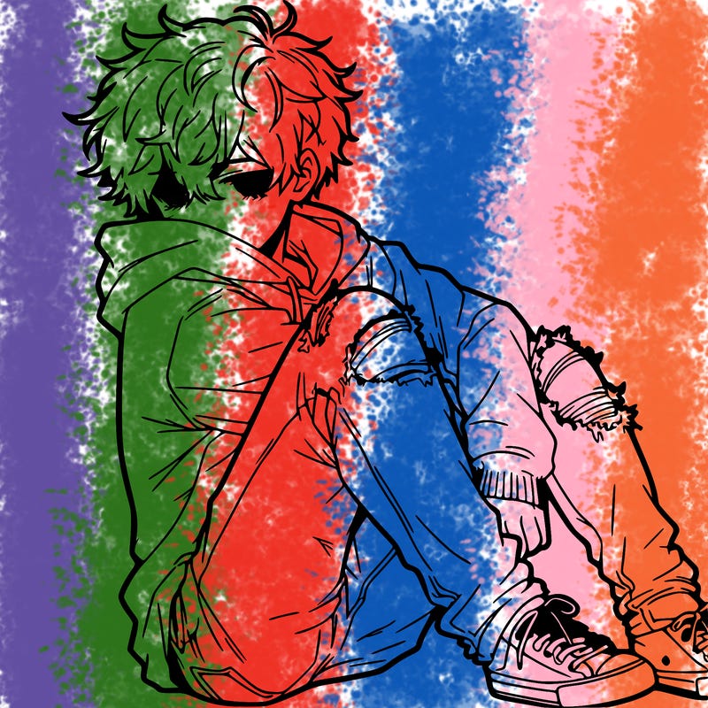 a male hoddie ripped jeans messy hair anime