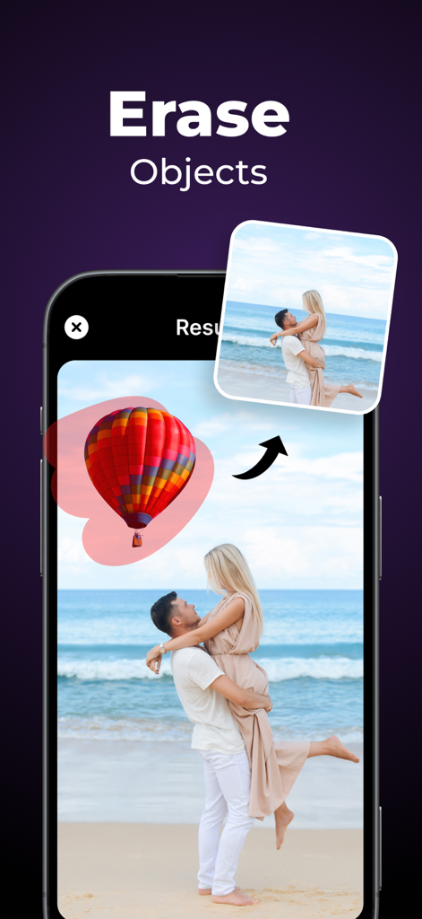 Pixelate - AI Photo Enhancer - A screenshot of Pixelate AI app showing the Erase Objects feature on a photo of a couple at the beach