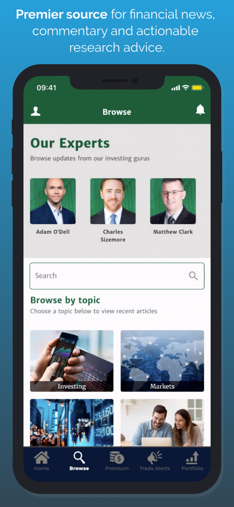 Money & Markets - Money and Markets app browse screen displaying financial experts and investment categories
