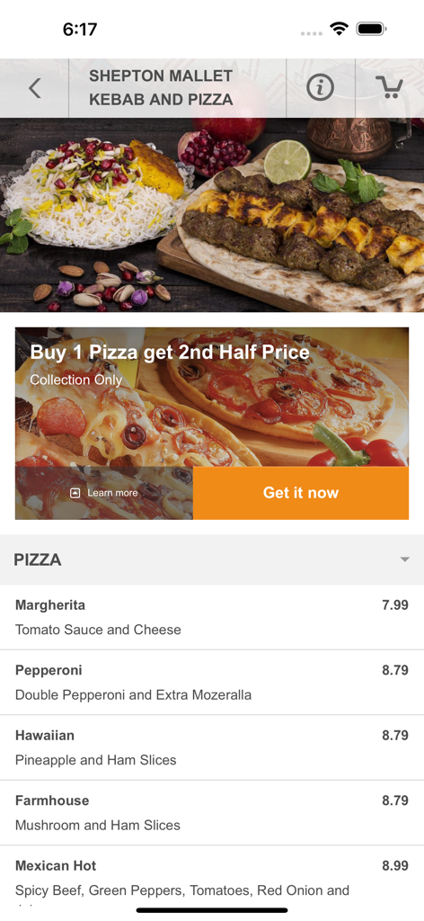 Shepton Mallet Kebab And Pizza - Mobile app menu screen for Shepton Mallet Kebab And Pizza showing a pizza offer and a list of pizza varieties with prices.
