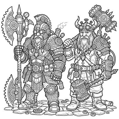 Dive into a thrilling blend of fantasy and retro-futurism with our Steampunk Dwarf Warriors coloring page. These formidable figures, adorned with intricate gears and steam-powered gadgets, promise a captivating coloring experience for fans of unique characters and detailed artwork.