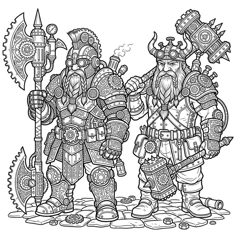 Dive into a thrilling blend of fantasy and retro-futurism with our Steampunk Dwarf Warriors coloring page. These formidable figures, adorned with intricate gears and steam-powered gadgets, promise a captivating coloring experience for fans of unique characters and detailed artwork.