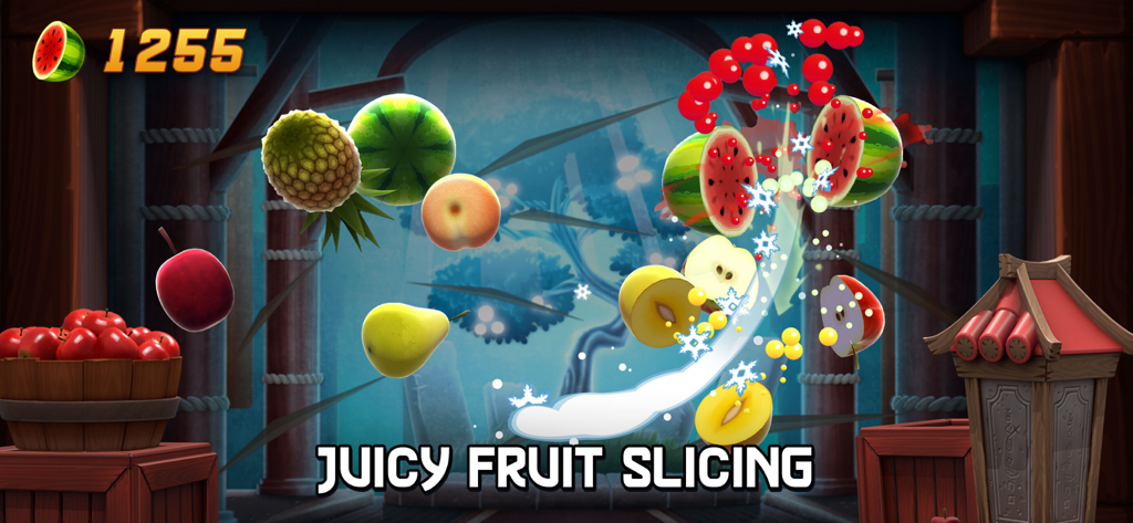 Fruit Ninja 2 gameplay showing juicy fruit slicing and a high score