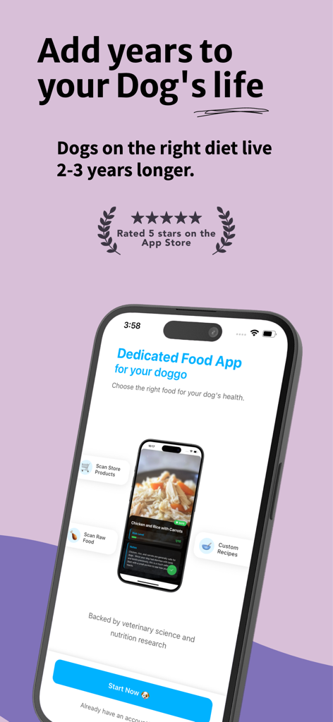 Doggo - Food & Treat Scanner - Écran d'introduction de l'application Doggo montrant les fonctionnalités de scan d'aliments et les avantages pour la longévité des chiens