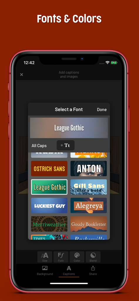 Mematic - The Meme Maker - 밈 캡션에 대한 다양한 글꼴 스타일과 색상을 보여주는 Mematic 앱 인터페이스