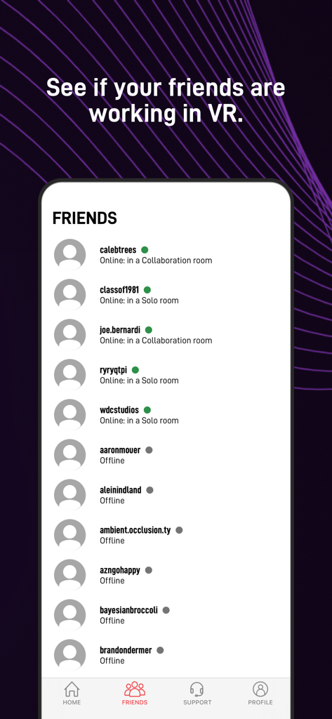 Freundesliste in der Immersed Agent-App mit Echtzeit-Online-Status und VR-Raumaktivität