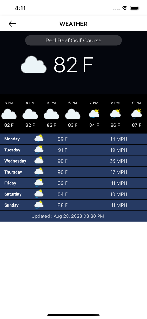 City of Boca Raton Golf - Pantalla de pronóstico del tiempo para el campo de golf Red Reef en la aplicación de golf de la Ciudad de Boca Ratón que muestra la temperatura actual y el pronóstico semanal.