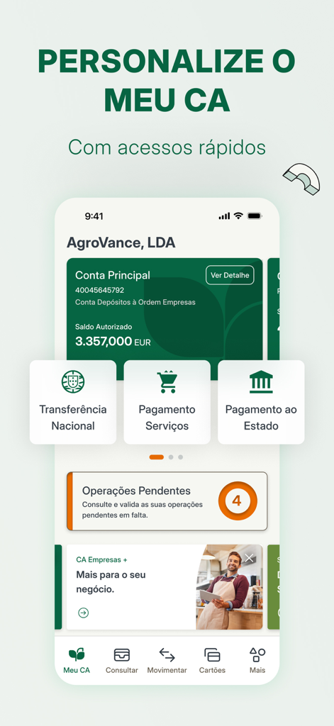 CA Mobile Empresas - Panel de control de la aplicación CA Mobile Empresas que muestra el saldo de la cuenta y accesos directos para la banca empresarial.