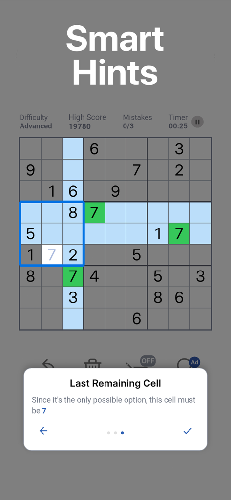 Sudoku Classic Offline Puzzle - Una captura de pantalla de la aplicación Sudoku Clásico Sin Conexión que muestra la función de pistas inteligentes con una explicación emergente para resolver una celda.