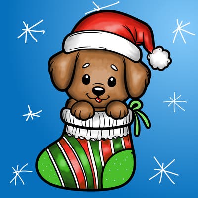 cute puppy wearing santa hat in socking