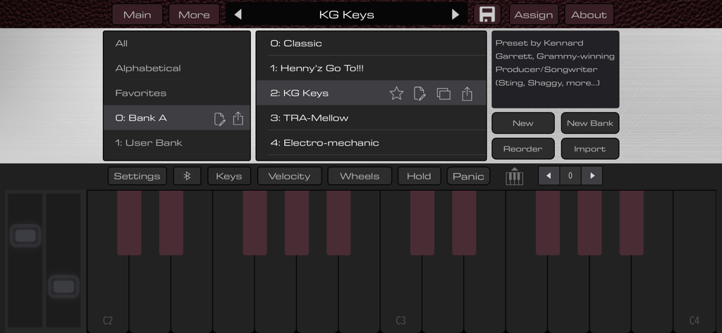 Interface do gerenciador de presets do aplicativo HOUSE Mark I mostrando bancos de som e teclado de piano virtual