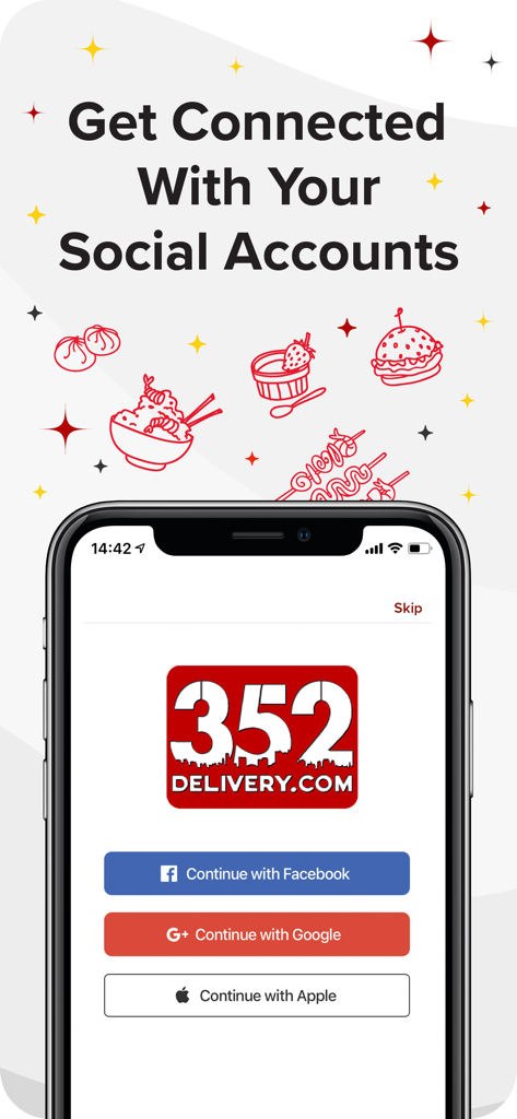 352 Delivery app social login screen featuring Facebook Google and Apple sign in options