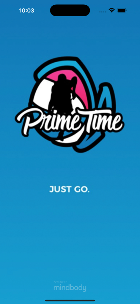 Prime Time Basketball Association app splash screen featuring the logo and slogan Just Go