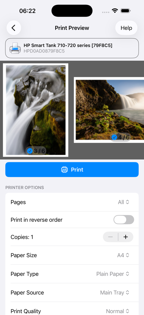 PrinterShare Premium - PrinterShare Premiumの印刷プレビュー。写真の選択とプリンター構成オプションが表示されます。