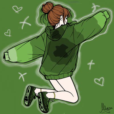 realistic girl jumping with a bun and oversized sweatshirt