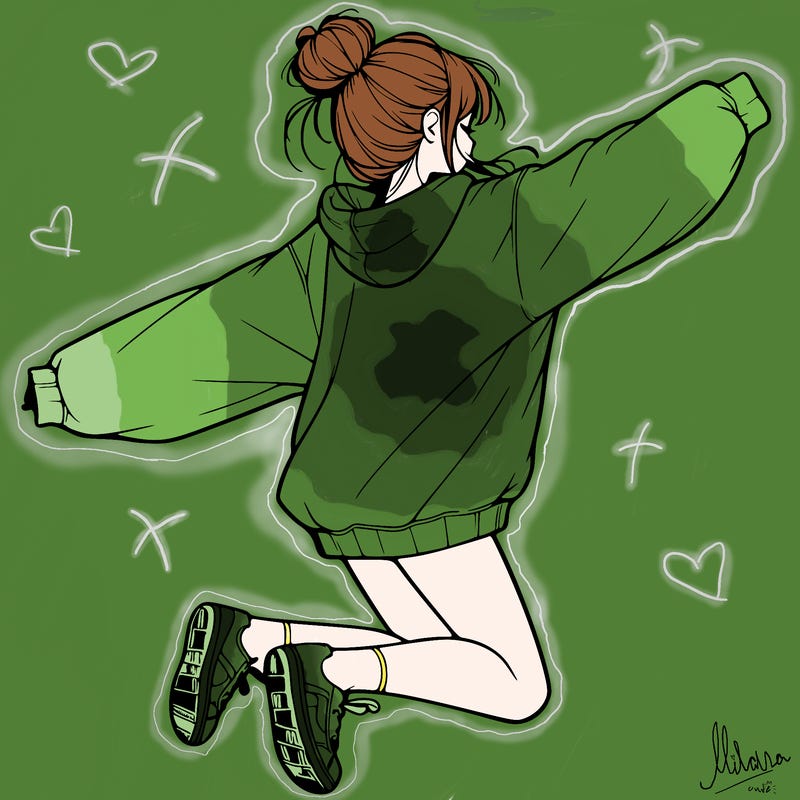 realistic girl jumping with a bun and oversized sweatshirt