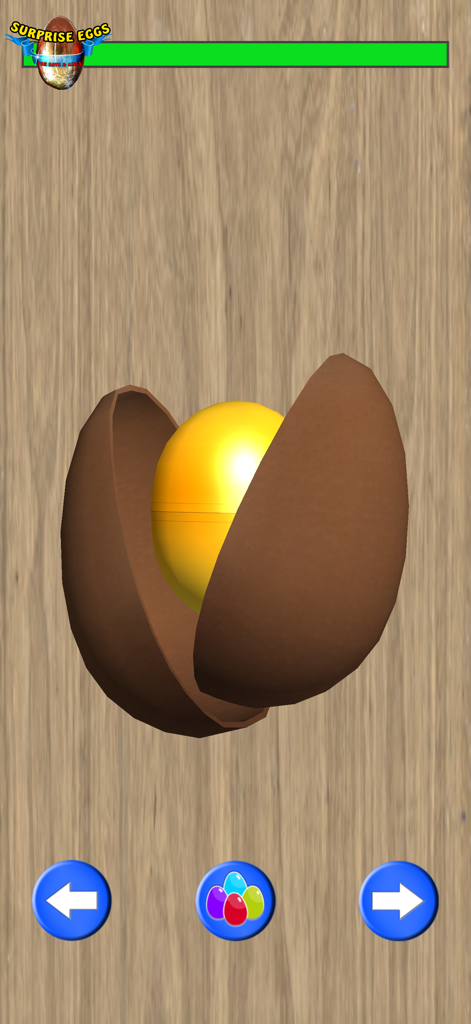 Surprise Eggs for Boys & Girls - Um ovo surpresa de chocolate quebrado ao meio, revelando uma cápsula dourada dentro do jogo.