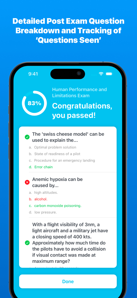 83%のスコアと詳細な問題内訳を示す自家用操縦士免許試験の結果を表示するモバイル画面。