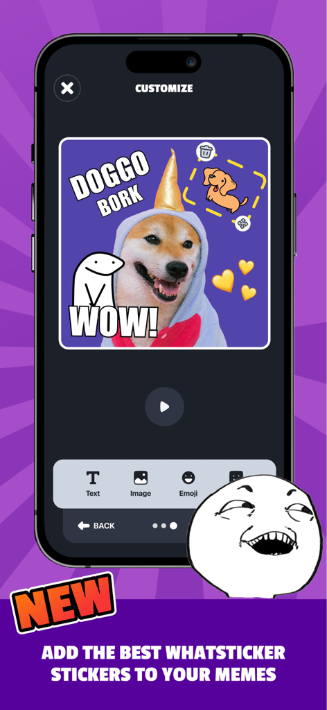 Sounds Effects by Whatsticker - Interface da ferramenta de criação de memes mostrando um meme de cachorro sendo personalizado com adesivos e texto.