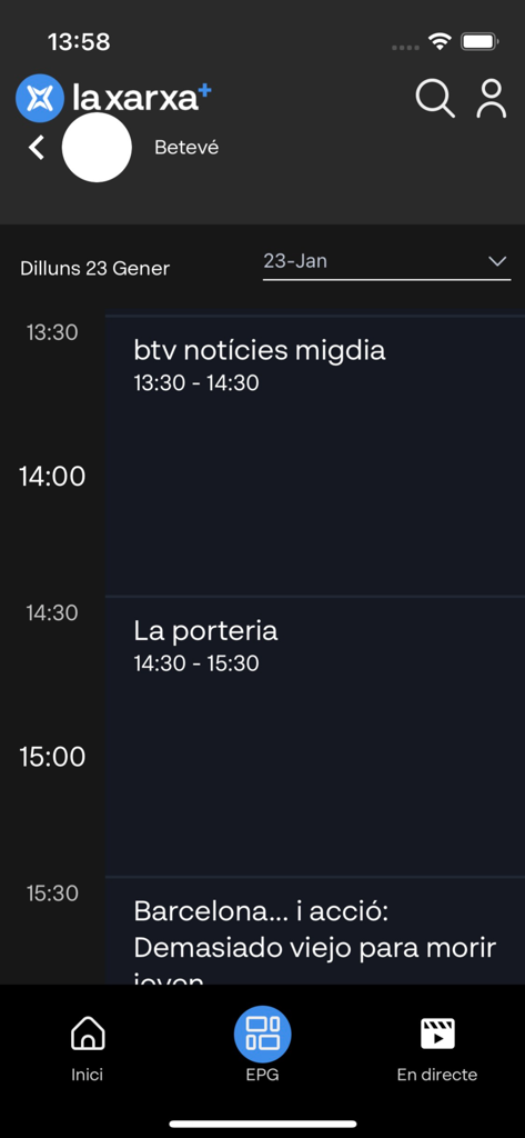Guia eletrônico de programação do aplicativo La Xarxa plus exibindo a programação diária do canal Beteve
