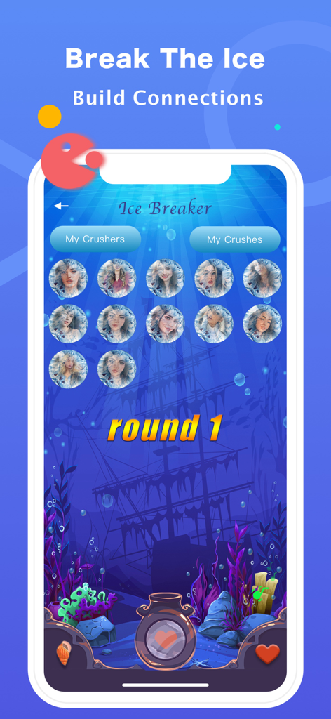 CasualMeet dating app Ice Breaker game screen with profile photos and an underwater theme