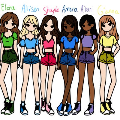 a group of girls wearing crop tops and shorts