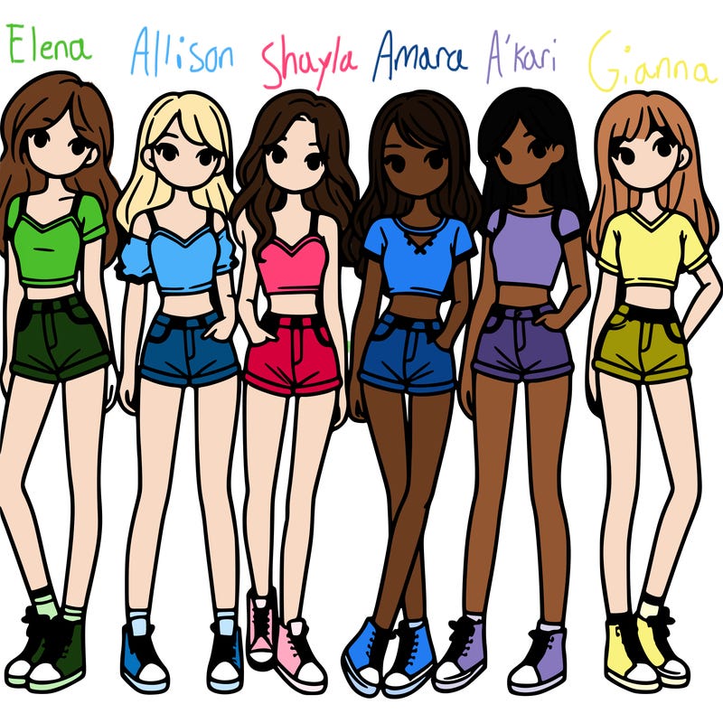 a group of girls wearing crop tops and shorts