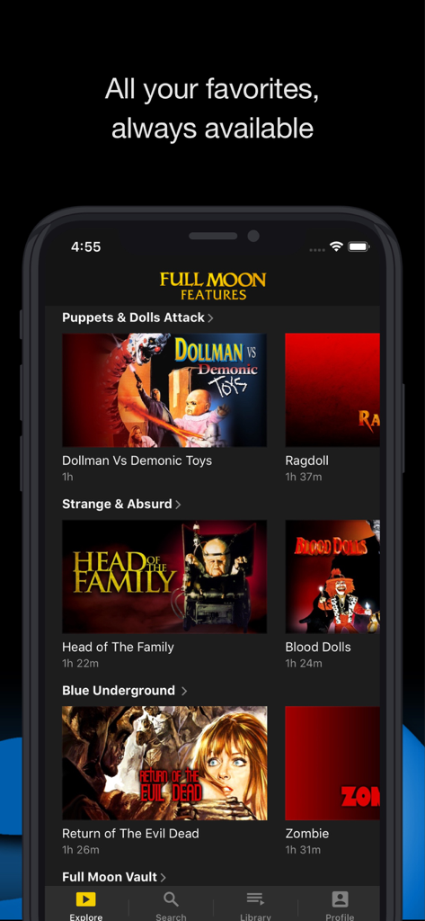 Full Moon Features - Interface de l'application Full Moon Features montrant des catégories de films d'horreur et cultes sur un écran mobile
