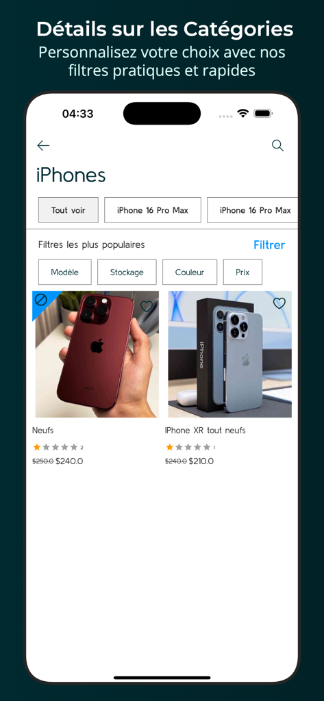 Kope - Interfaccia dell'app Kope che mostra la categoria di prodotti iPhone con filtri per la memoria del modello e il prezzo