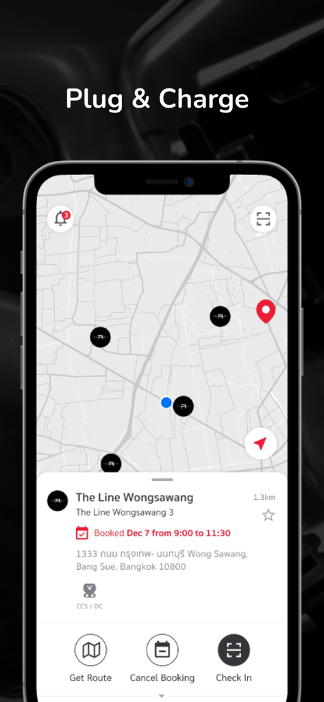 ReverSharger - Schermata dell'app ReverSharger che mostra una mappa con le posizioni di ricarica EV e una scheda di dettaglio della prenotazione confermata.
