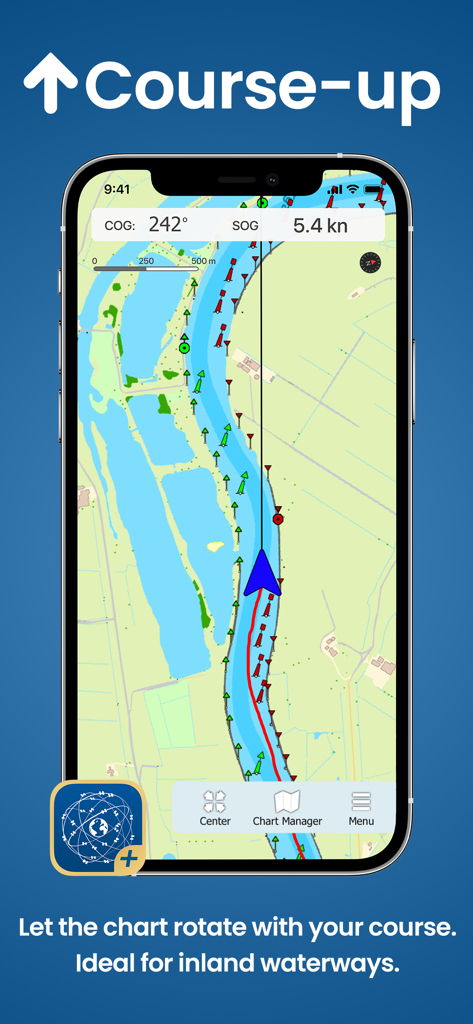 WinGPS Marine Plus - Aplicación WinGPS Marine Plus que muestra la rotación del gráfico de rumbo hacia arriba para navegación interior