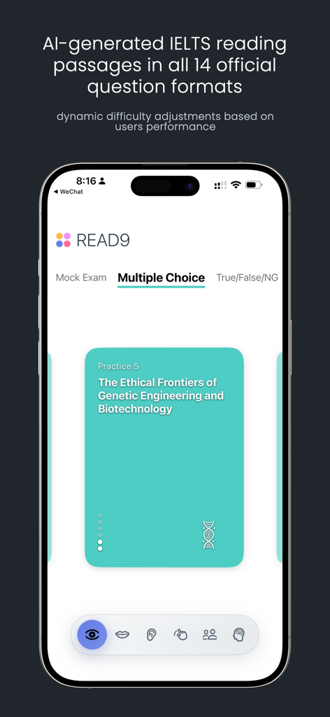 IELTS Band9 – AI Mock Tests - AI-generated IELTS reading practice interface with multiple choice questions