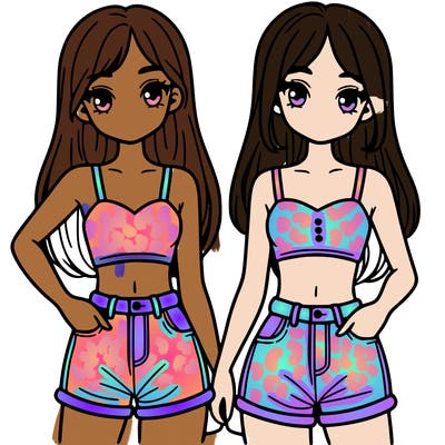 two sisters with crop tops and jean shorts and straight hair