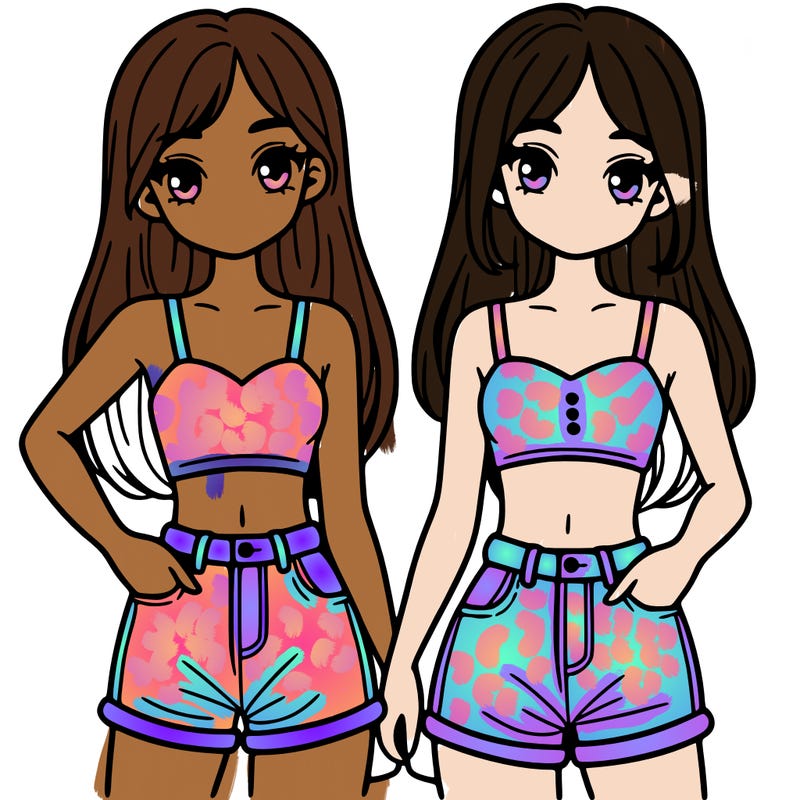 two sisters with crop tops and jean shorts and straight hair