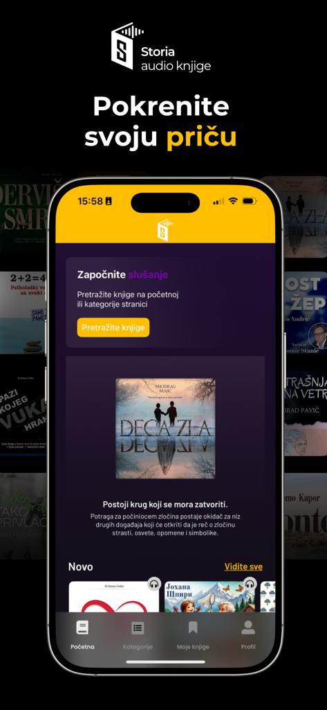 Startbildschirm der Storia Hörbuch-App für Mobilgeräte mit serbischer Literatur und Hörbüchern