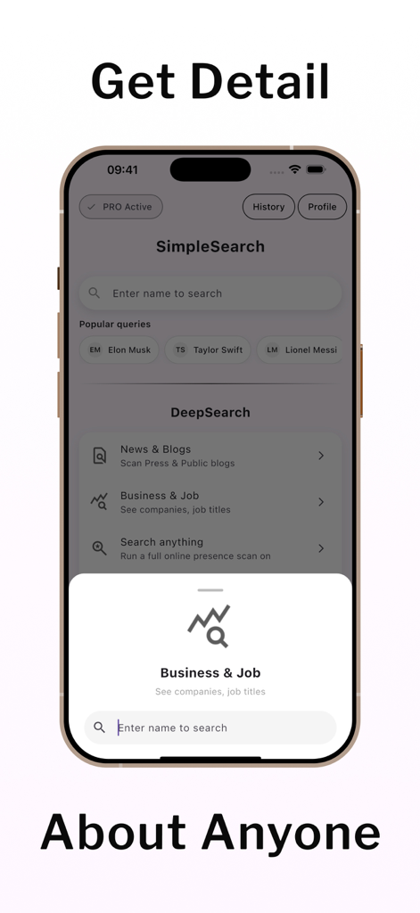 Deepsearch AI: People Finder - Mobile App-Oberfläche von Deepsearch AI, die ein Tool zur Suche nach Unternehmen und Jobs zeigt, um berufliche Informationen über Einzelpersonen zu finden.