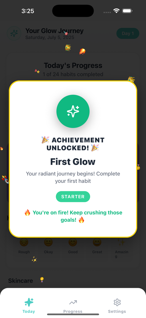Glow Up - GlowUp Tracker - Glow Up tracker app showing an achievement unlocked popup for the first habit completed.